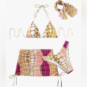 4 Piece Polka Dot Halter High Cut Bikini Set with Mesh Skirt & Head Scarf